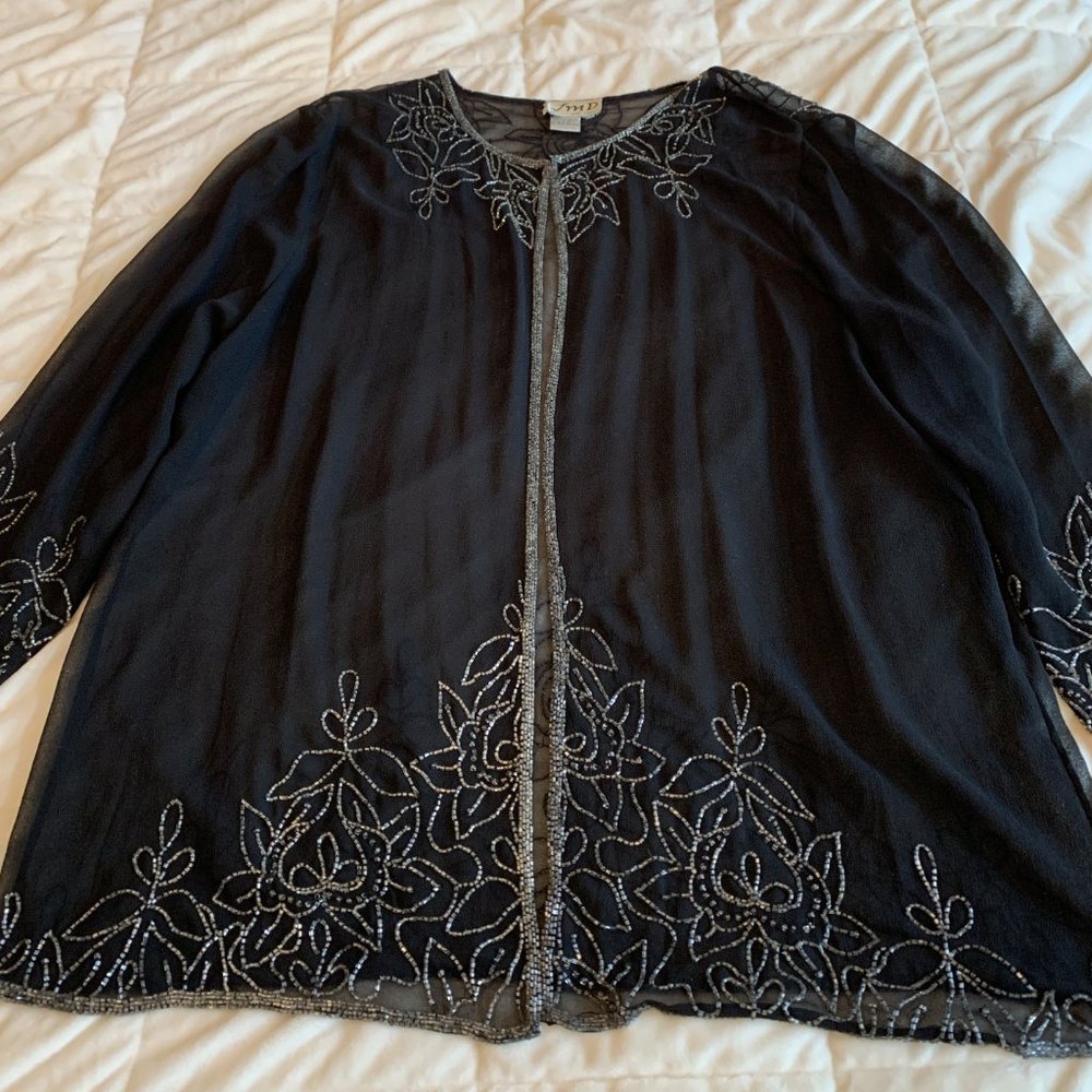 Sheer Black Open Front Beaded Top by JMD New York